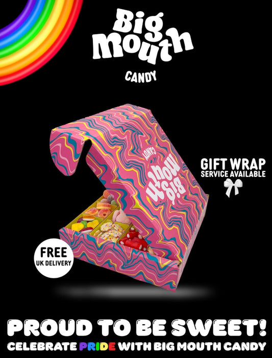 Big Mouth Candy Pride-themed pick and mix sweet box with vibrant wavy pink packaging, open to reveal a variety of colourful sweets. Features ‘Proud to Be Sweet!’ slogan, free UK delivery badge with a rainbow graphic in the top corner.