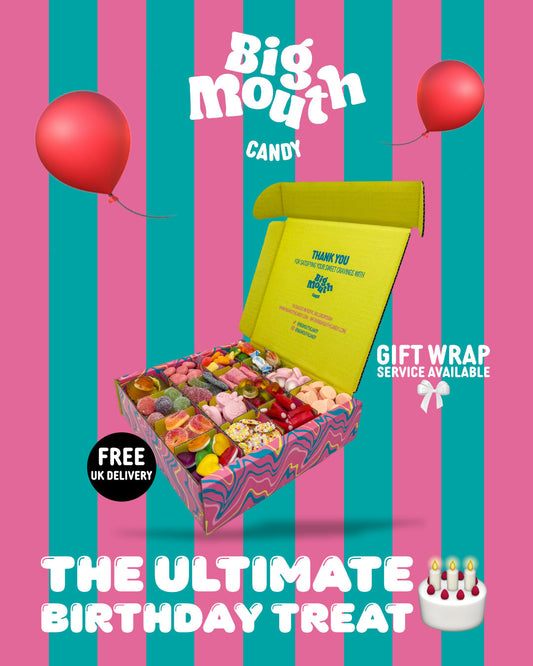 Promotional image of Big Mouth Candy 1KG pick and mix box with colourful sweets, featuring bold pink and teal stripes, red balloons, and text highlighting free UK delivery, gift wrap service, and ‘The Ultimate Birthday Treat’