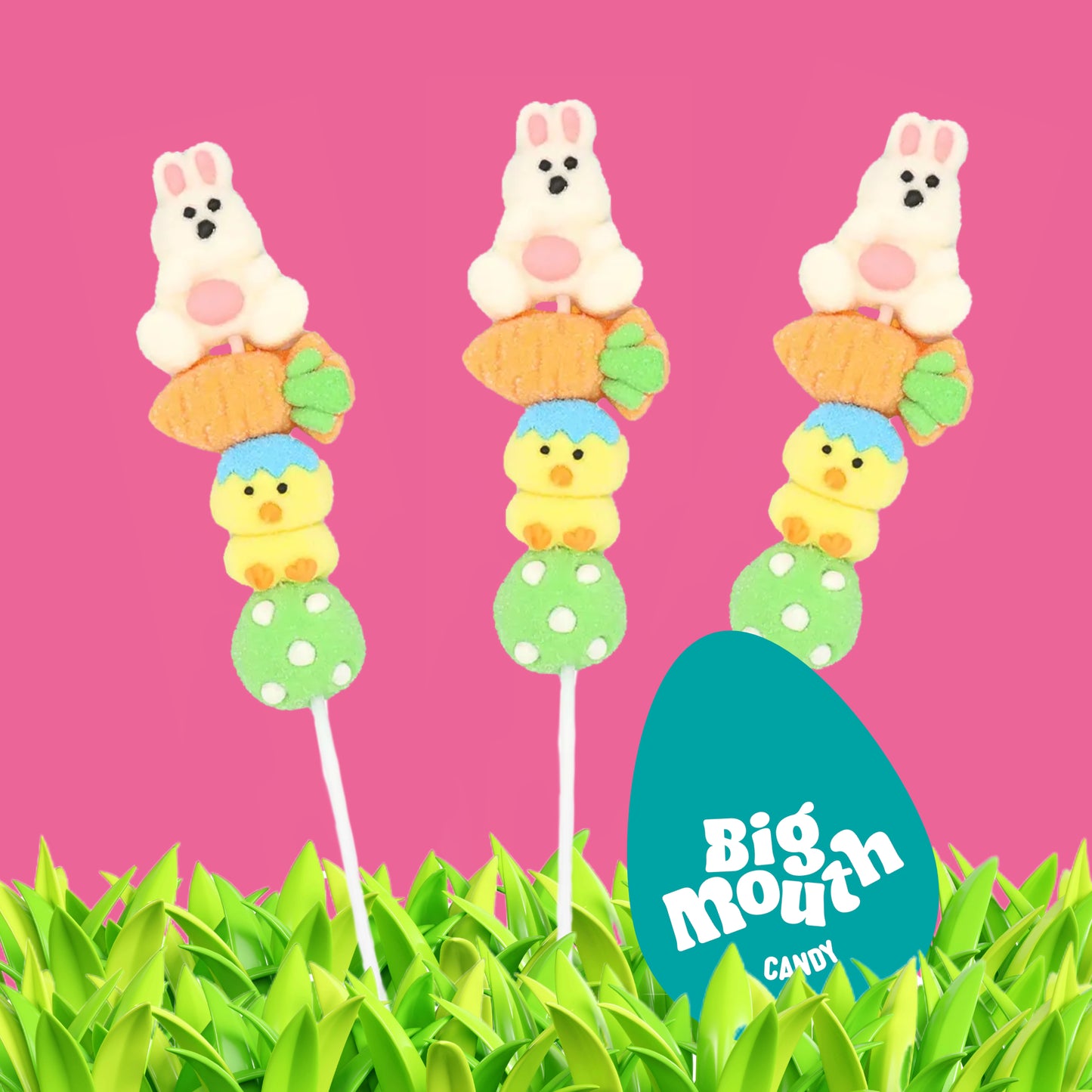 Easter Mallow Stacker β a fun and colorful marshmallow skewer featuring a bunny, carrot, chick, and toadstool. Perfect for Easter sweets, pick and mix bags, and candy boxes. Available for UK sweets delivery, including Northern Ireland. Order online from Big Mouth Candy for a personalised sweet experience