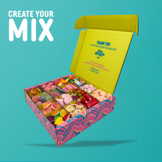 Big Mouth Candy 1kg pick and mix box displayed open with neatly sectioned sweets. A mix of fizzy, gummy, and chocolate sweets in a colourful, custom-designed candy box. Includes pick n mix sweets, ideal for sweet delivery across Northern Ireland and the UK