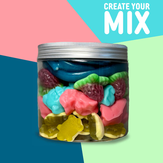 Clear jar filled with a colourful mix of gummy sweets including strawberries, gummy bears, cola bottles, and blue jelly cables. Background features bold, colourful shapes with ‘Create Your Mix’ text in the corner