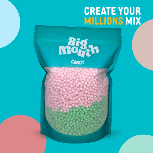 Big Mouth Candy 800g pick and mix Millions bag with four flavour sections – blue, pink, green, and beige chewy sweets. Customisable sweet bag from Northern Ireland.