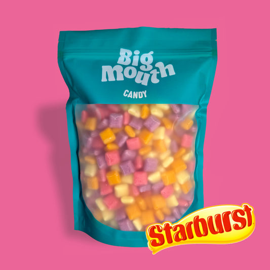 Big Mouth Candy Starburst Minis – A delicious pick and mix sweet bag featuring bite-sized, chewy Starburst pieces in vibrant colors. Perfect for pick and mix lovers, candy delivery, and sweet box fans. Available in the UK, including Northern Ireland and Royal Hillsborough. Ideal for Easter sweets, personalized sweets, and bulk 1KG sweets. Order online for a tasty sweet treat