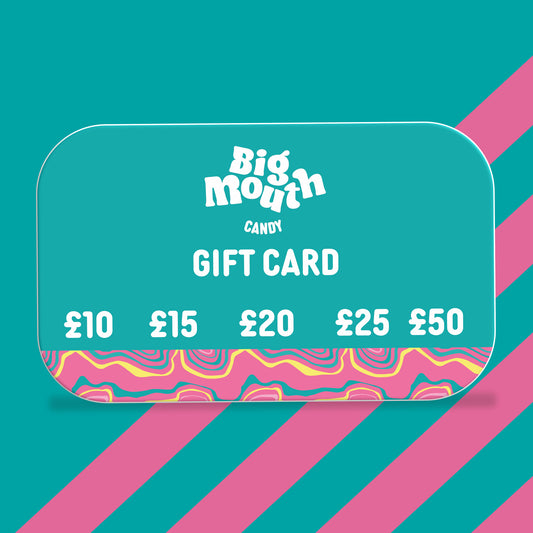 Big Mouth Candy digital gift card with a teal background, white logo text, and a colourful wavy red and yellow pattern at the bottom
