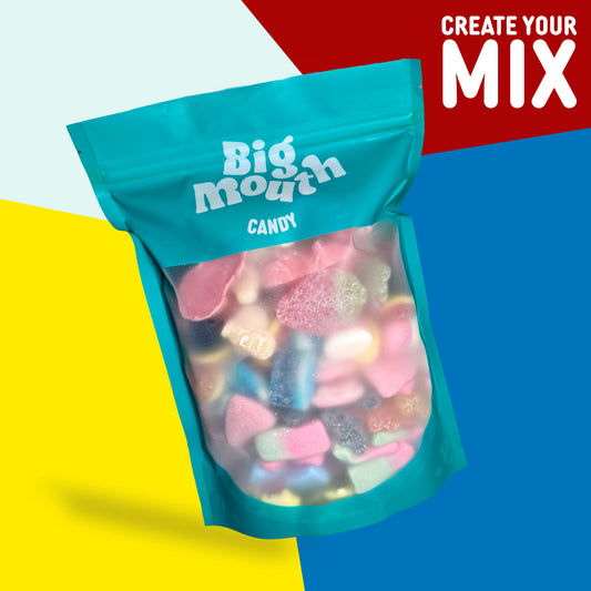 A bold teal resealable pouch filled with a delicious variety of pick and mix sweets, including UK sweets, gummies, sours, and classic hard candies. With a clear window showcasing the treats inside, this pick and mix bag is perfect for sharing, gifting, or indulging. Available for candy delivery across Northern Ireland and the UK, it’s a fun and convenient sweet bag for any occasion. Enjoy a mixed sweet box of personalised sweets and experience the best pick and mix UK