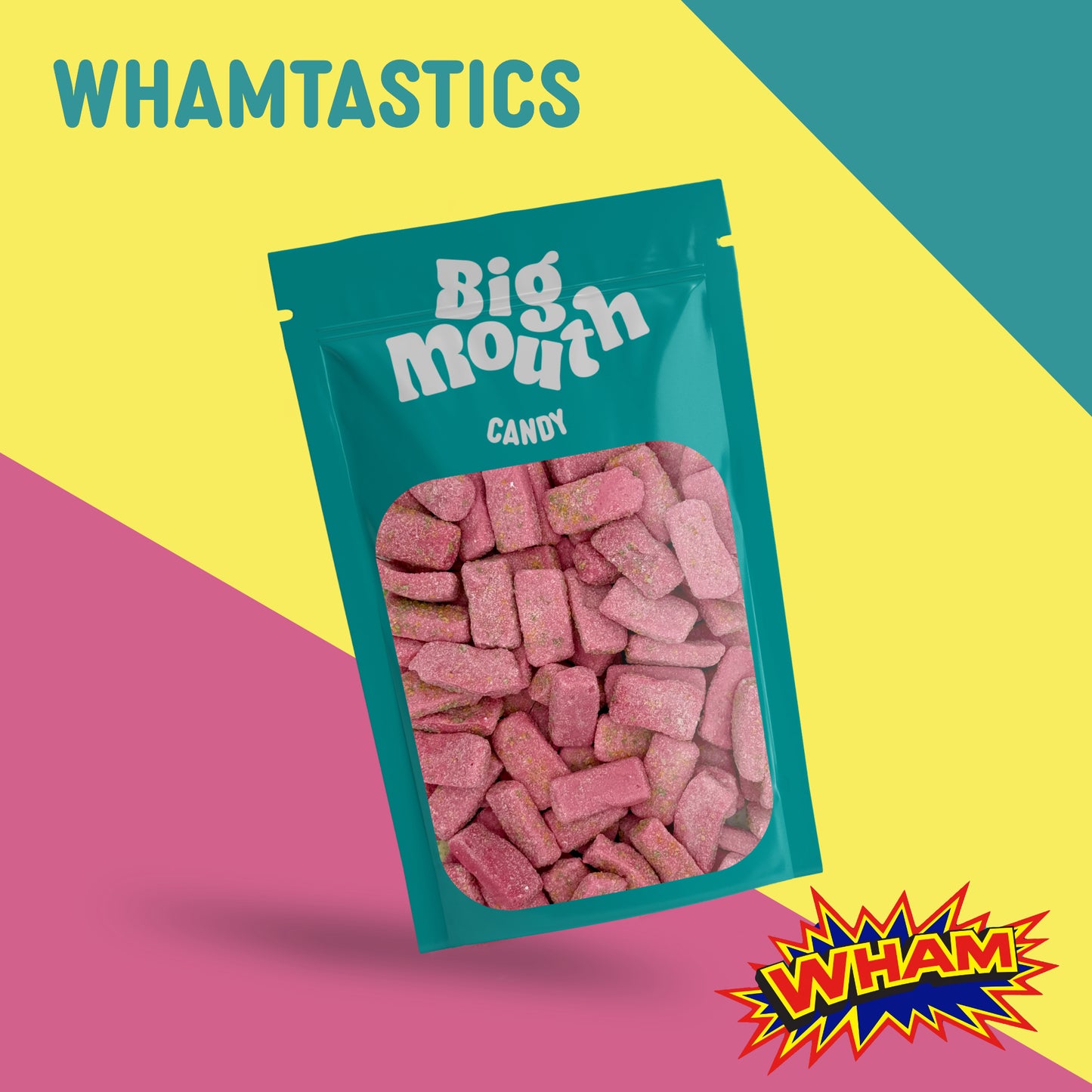 Big Mouth Candy Whamtastics Edition Bag โ a front-facing, resealable pick and mix bag filled with chewy, fizzy, and tangy sweets. Perfect for those who love UK sweets, this sweet bag keeps treats fresh and is available for candy delivery across Northern Ireland and the UK, including Royal Hillsborough. A must-have for sweet lovers