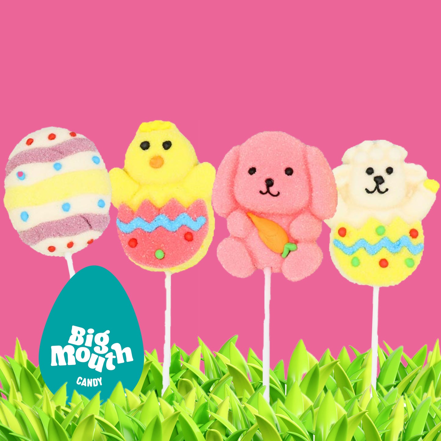 Four colourful Easter-themed marshmallow pops on sticks, including a decorated egg, yellow chick, pink bunny with a carrot, and white lamb in an egg shell, displayed against a pink background with green grass and a Big Mouth Candy logo shaped like an egg