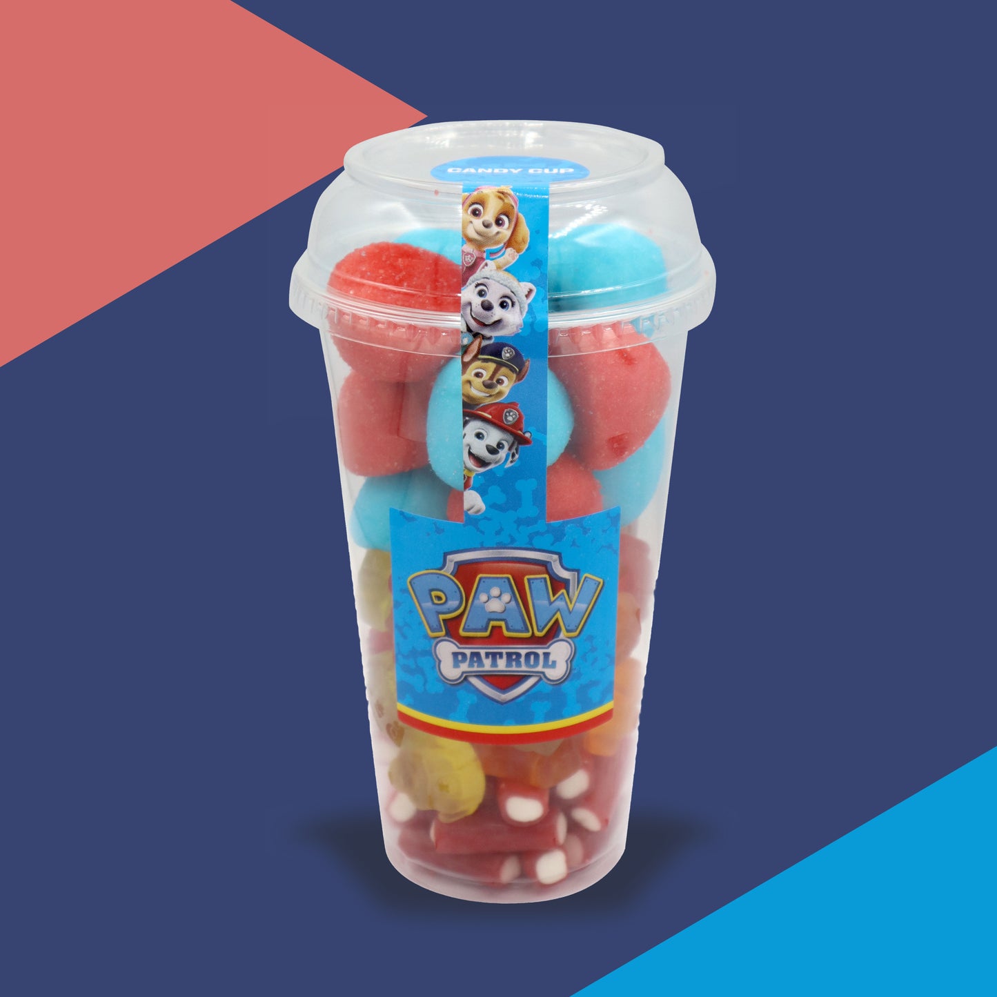 Paw Patrol-themed candy cup filled with colorful sweets, including red and blue foam marshmallow candies and gummy treats. Features Paw Patrol characters and logo on the label. Ideal for kids, party favors, or themed gifts. Bright and playful design with vibrant background
