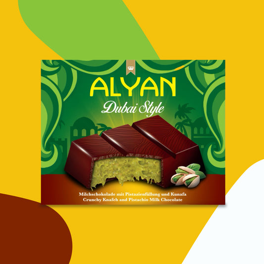 ALYAN Dubai Style chocolate bar with pistachio filling and crunchy knafeh, in green and gold packaging, featuring pistachios and a rich milk chocolate coating