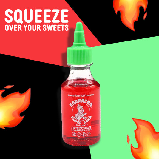 Souracha super sour candy sauce bottle with green cap, designed to squeeze over sweets, surrounded by fiery graphics and bold red and green background