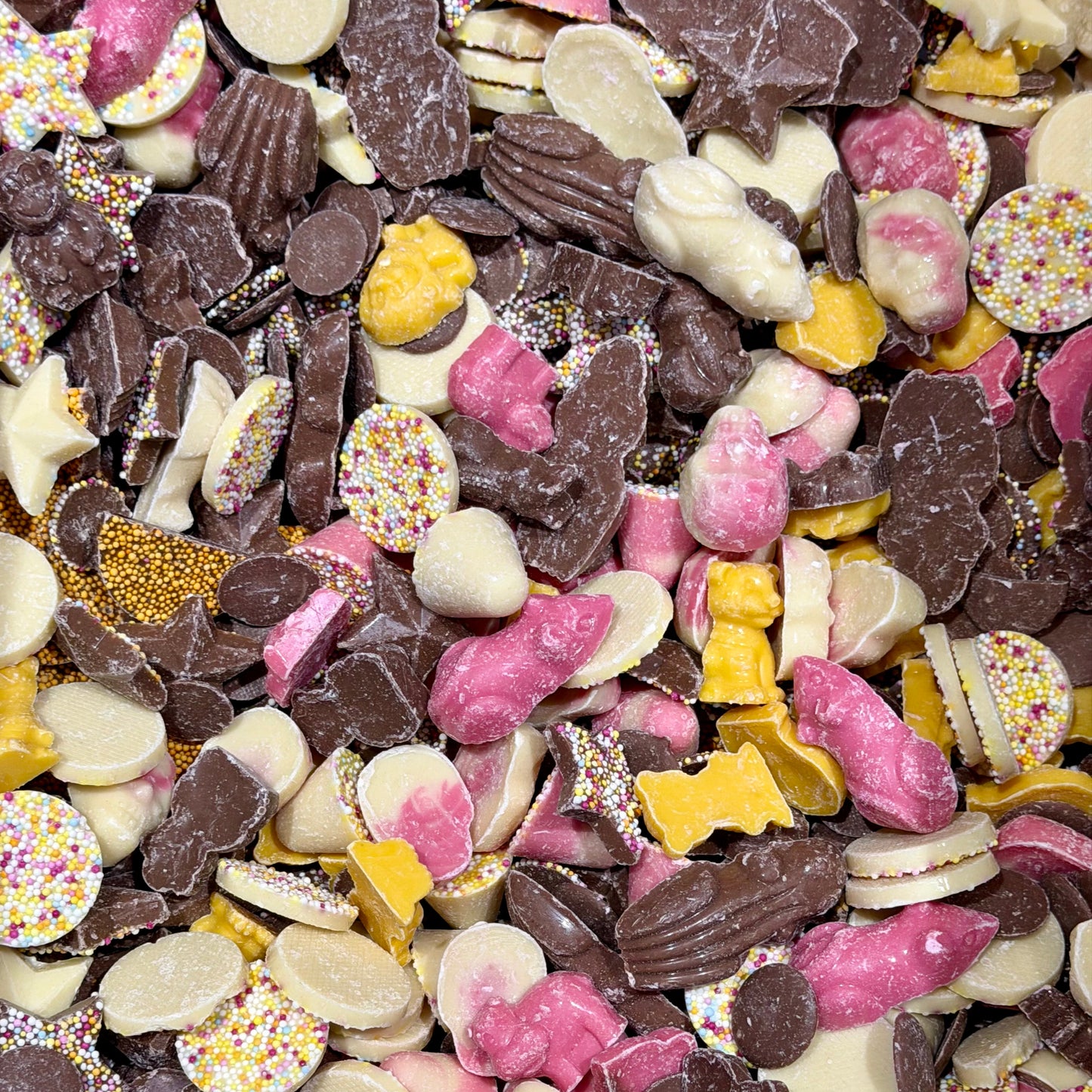 Close up of Big Mouth Candy chocolate pick and mix sweets including white mice, chocolate stars, jazzies, chocolate buttons and chocolate orange slices