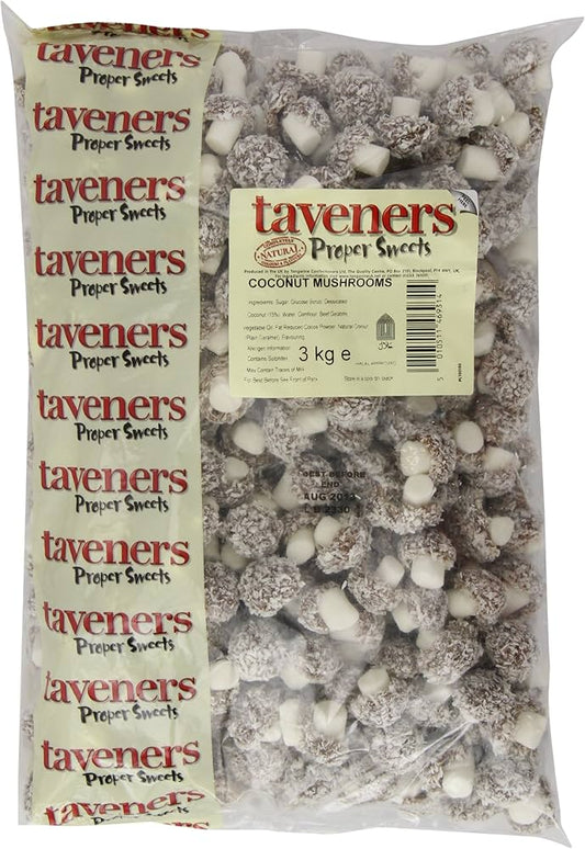 Large 3kg wholesale bag of Taveners Proper Sweets Coconut Mushrooms, classic retro coconut covered sweets for pick and mix