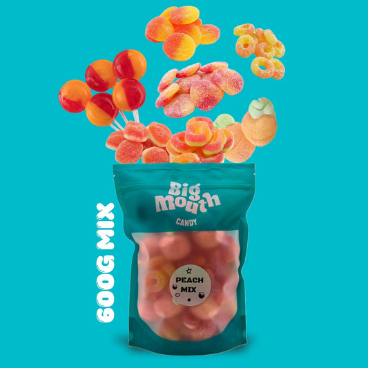 Bag of Big Mouth Candy with peach mix gummy candies on a blue background