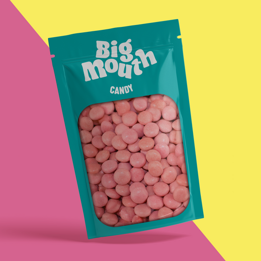 Big Mouth Candy pick and mix bag filled with pink, round sweets. The resealable teal pouch features a clear window showcasing the candy inside, with bold white branding on the front. Perfect for pick and mix sweets, sweet bags, and candy delivery across Northern Ireland. A must-have addition to any sweet box or pick and mix selection