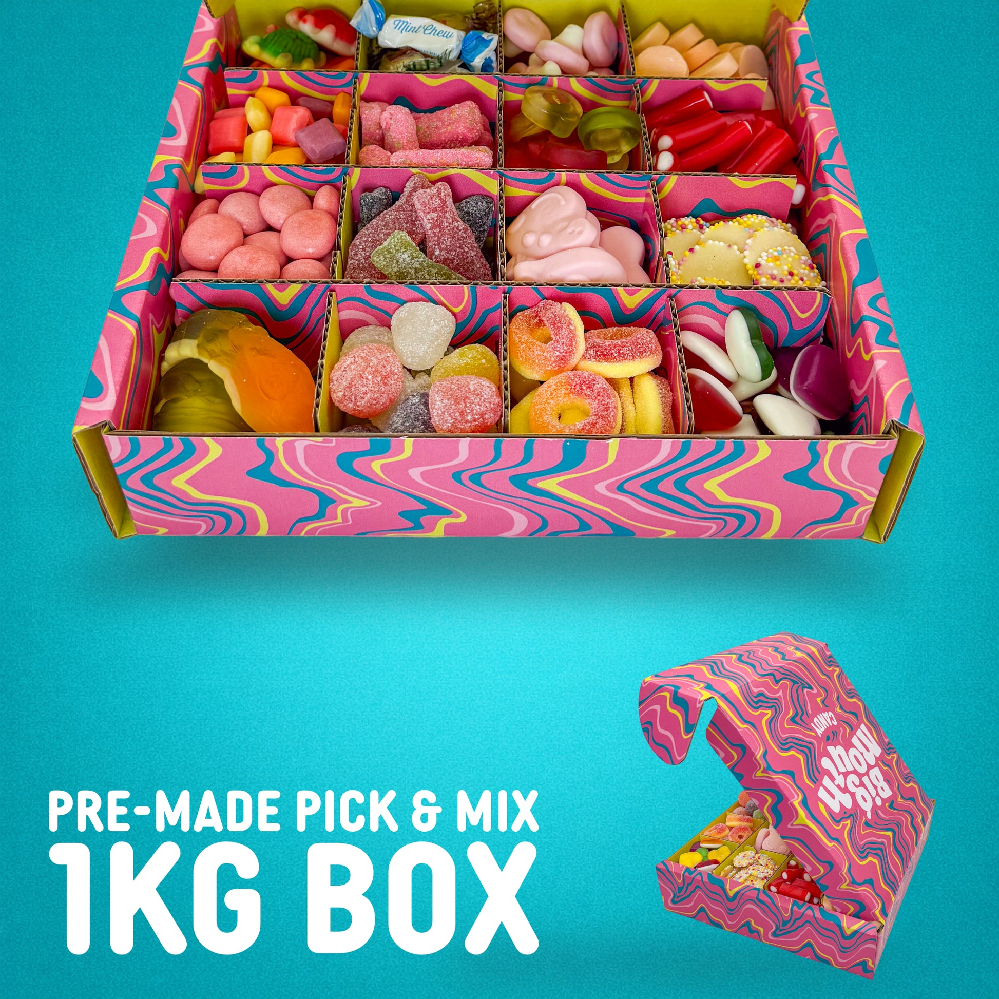 Big Mouth Candy 1KG pre-made pick and mix sweets box filled with a colourful selection of fizzy and jelly sweets
