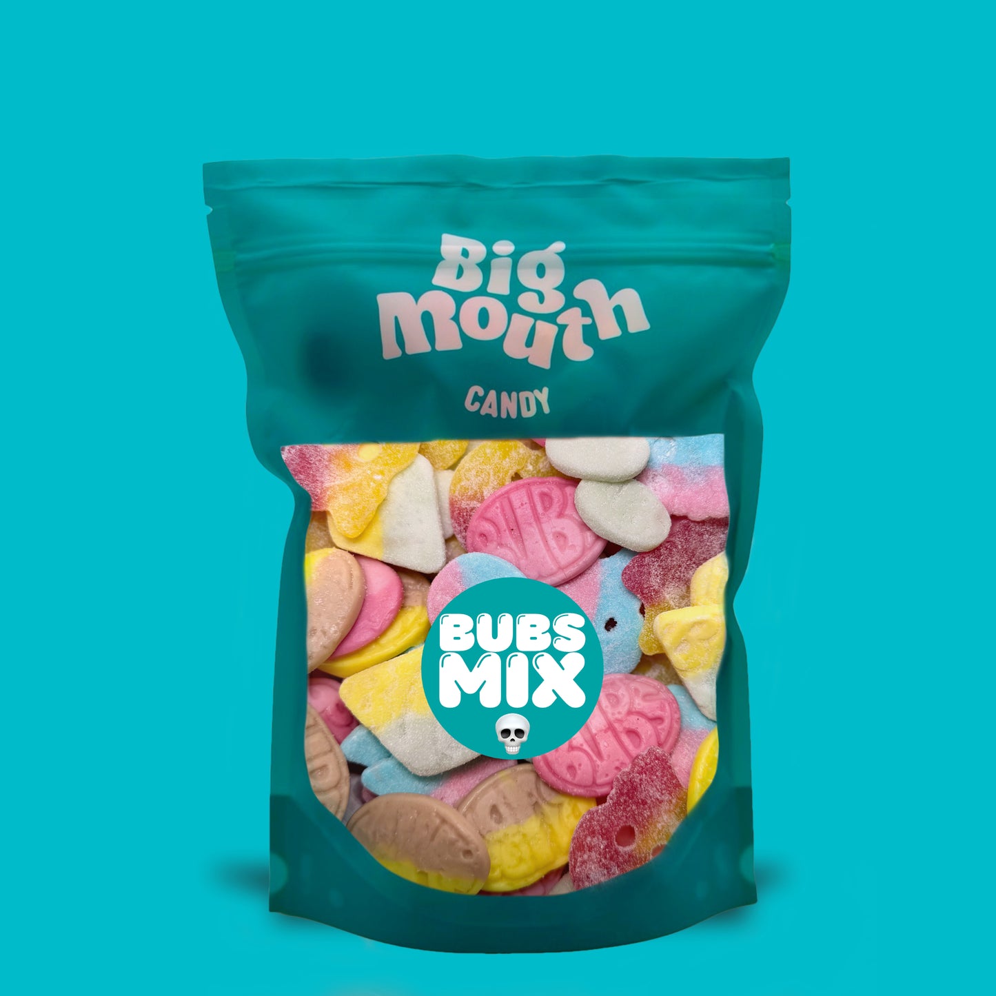 Big Mouth Candy Bubs Mix 600G pre made pick and mix bag filled with Bubs skulls foam ovals banana toffee and fruity sweets
