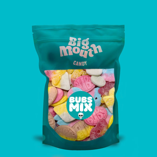 Big Mouth Candy Bubs Mix 600G pre made pick and mix bag filled with Bubs skulls foam ovals banana toffee and fruity sweets
