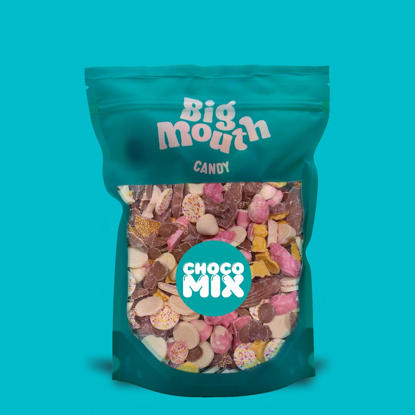 Big Mouth Candy Choco Mix 600g chocolate pick and mix bag with assorted milk, white and pink chocolates in teal resealable pouch