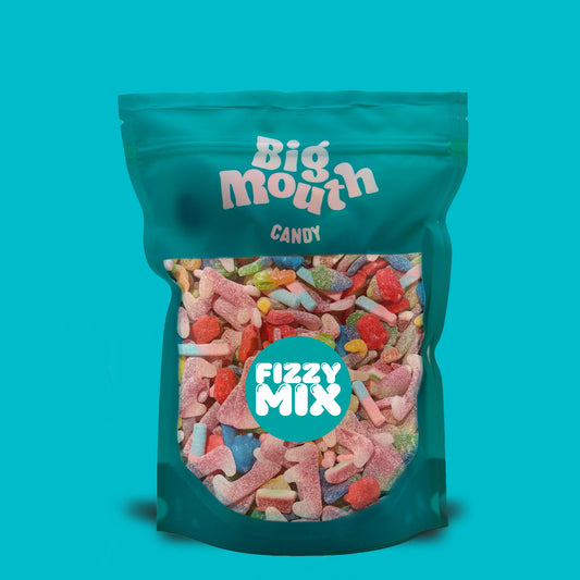 Big Mouth Candy Fizzy Mix 600g sour and sugar coated gummy sweets in teal resealable pouch