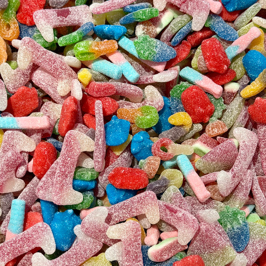 Close up of colourful fizzy pick and mix sweets in Big Mouth Candy 600g Fizzy Mix