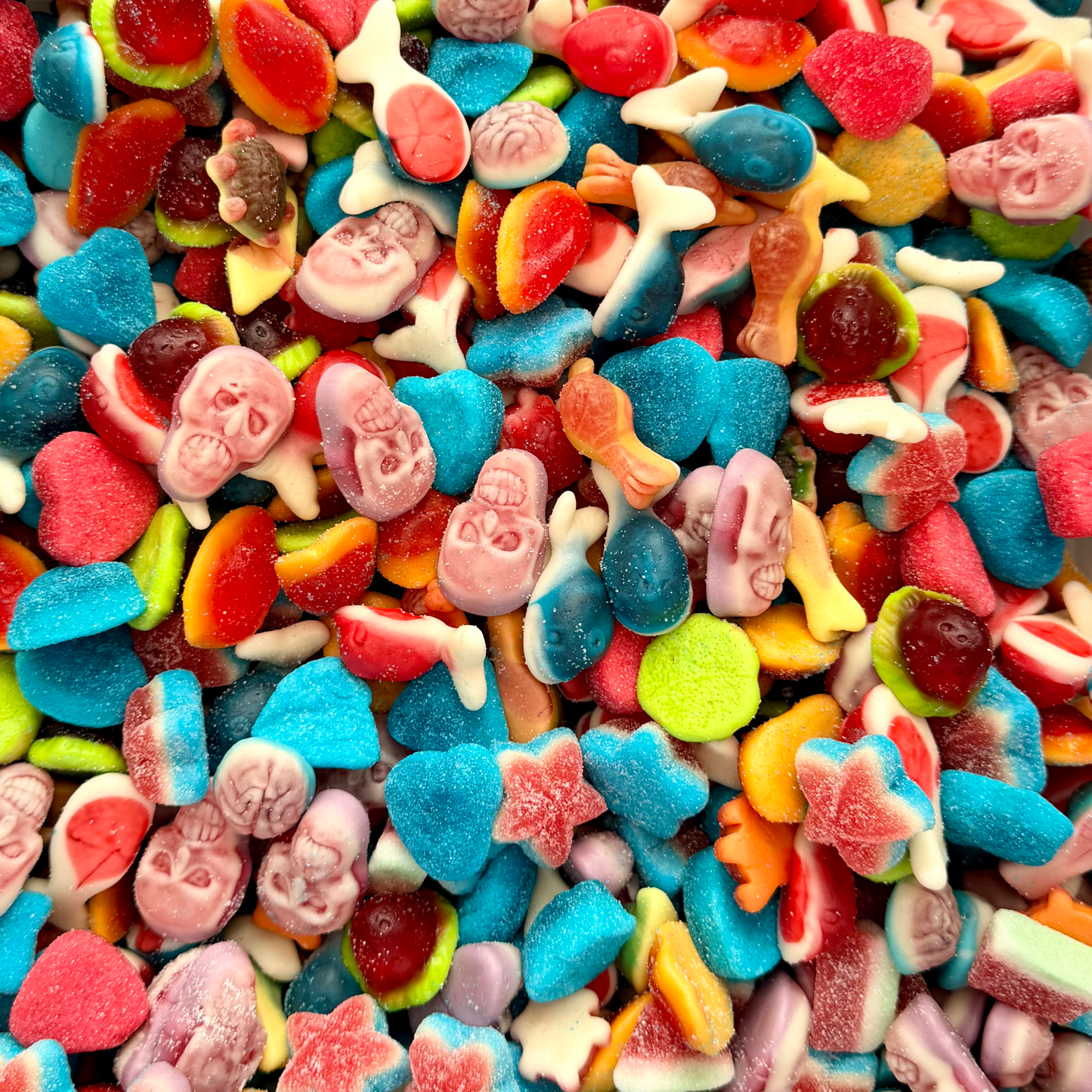 Close up of jelly filled sweets showing soft centres and fruity textures