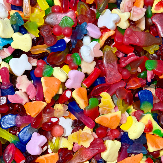 Close up of colourful jelly pick and mix sweets in Big Mouth Candy 600g Jelly Mix