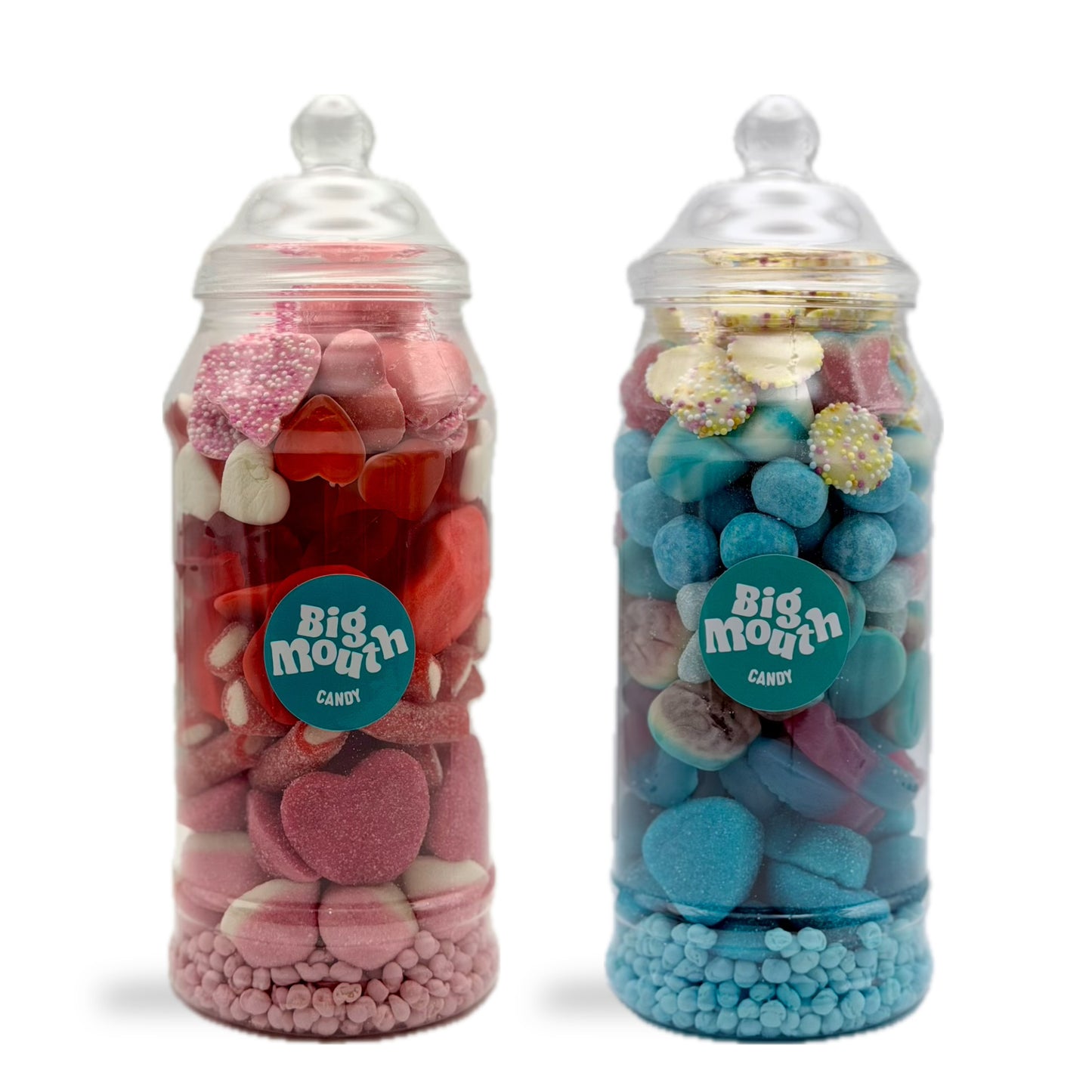 Big Mouth Candy monster pick and mix jar with blue sweets and red pink sweets in tall candy jars
