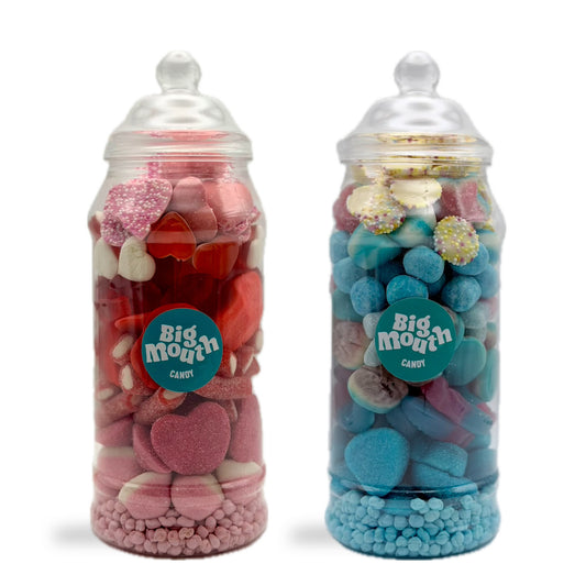 Big Mouth Candy monster pick and mix jar with blue sweets and red pink sweets in tall candy jars
