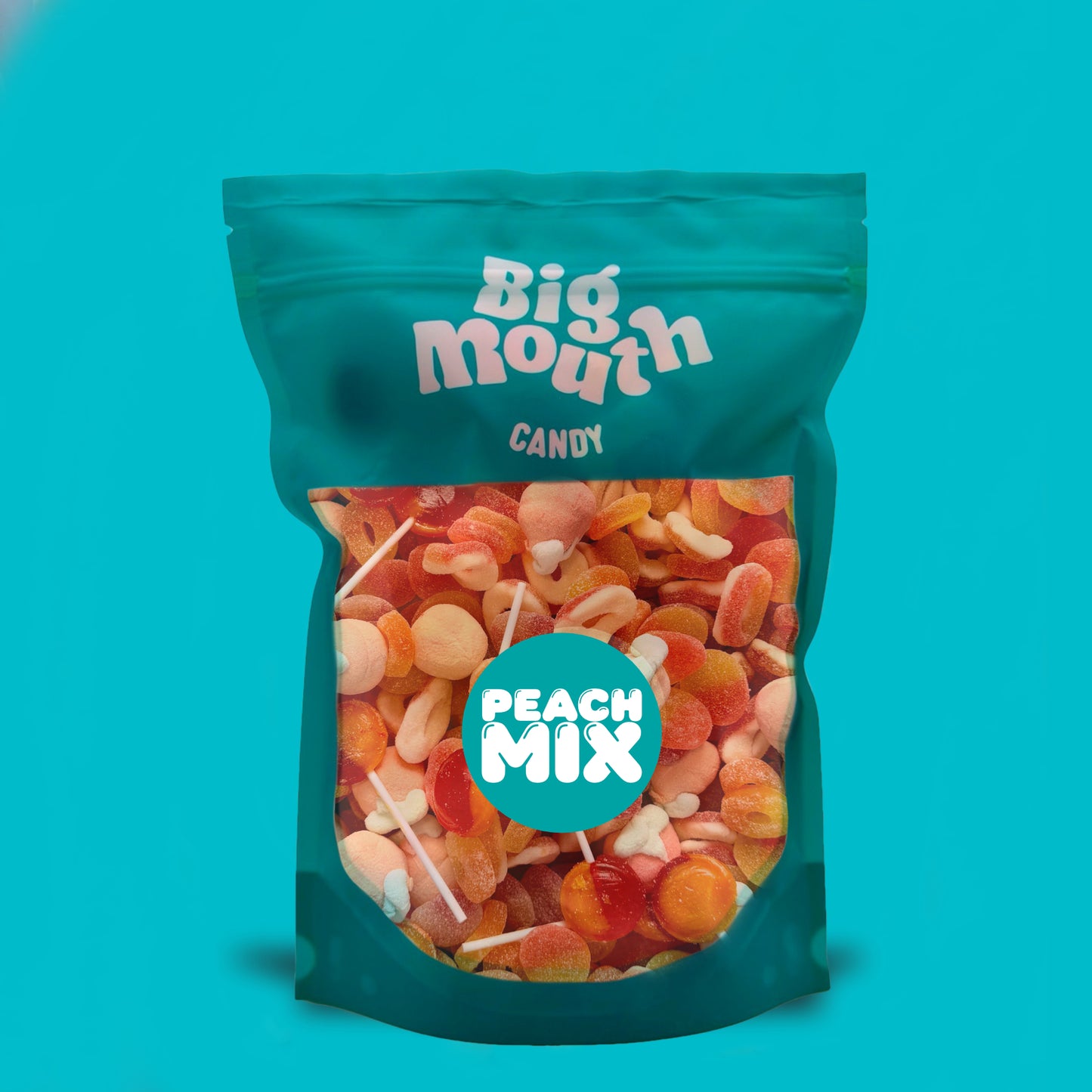 Big Mouth Candy Peach Mix 600g gummy sweet bag with peach rings and peach flavoured candies in teal resealable pouch