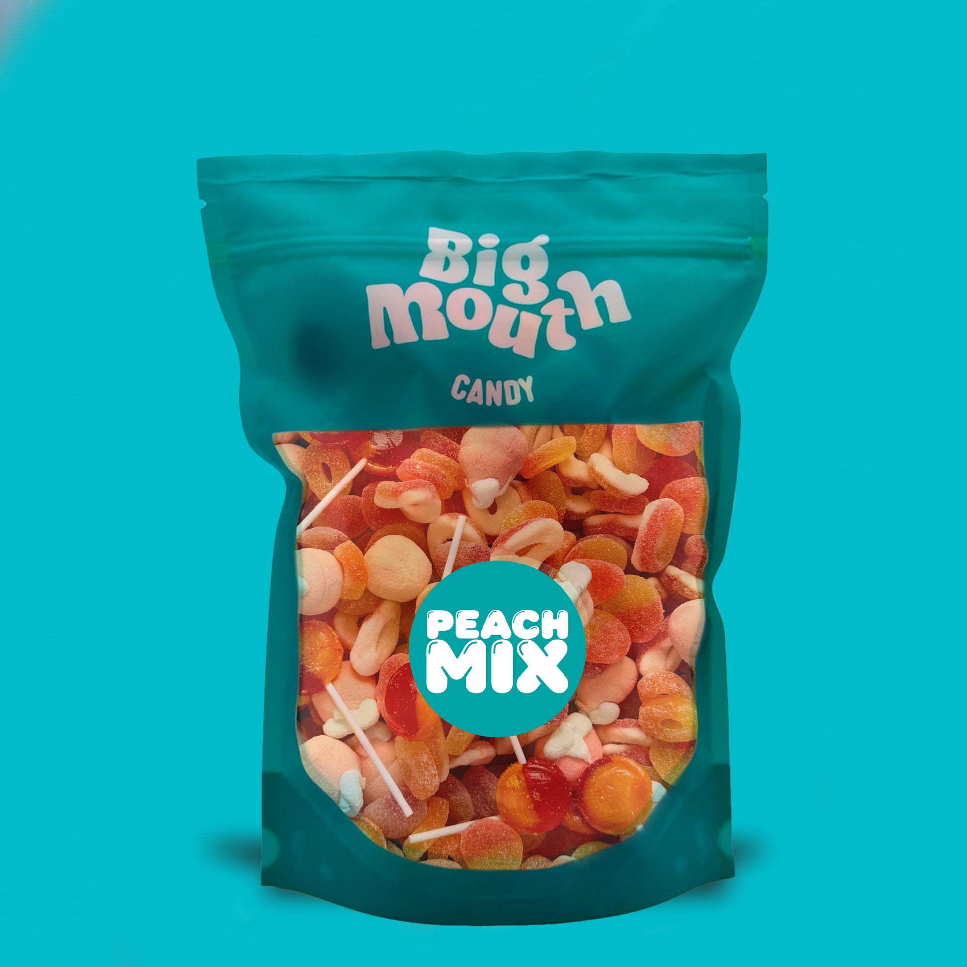 Big Mouth Candy Peach Mix 600g gummy sweet bag with peach rings and peach flavoured candies in teal resealable pouch