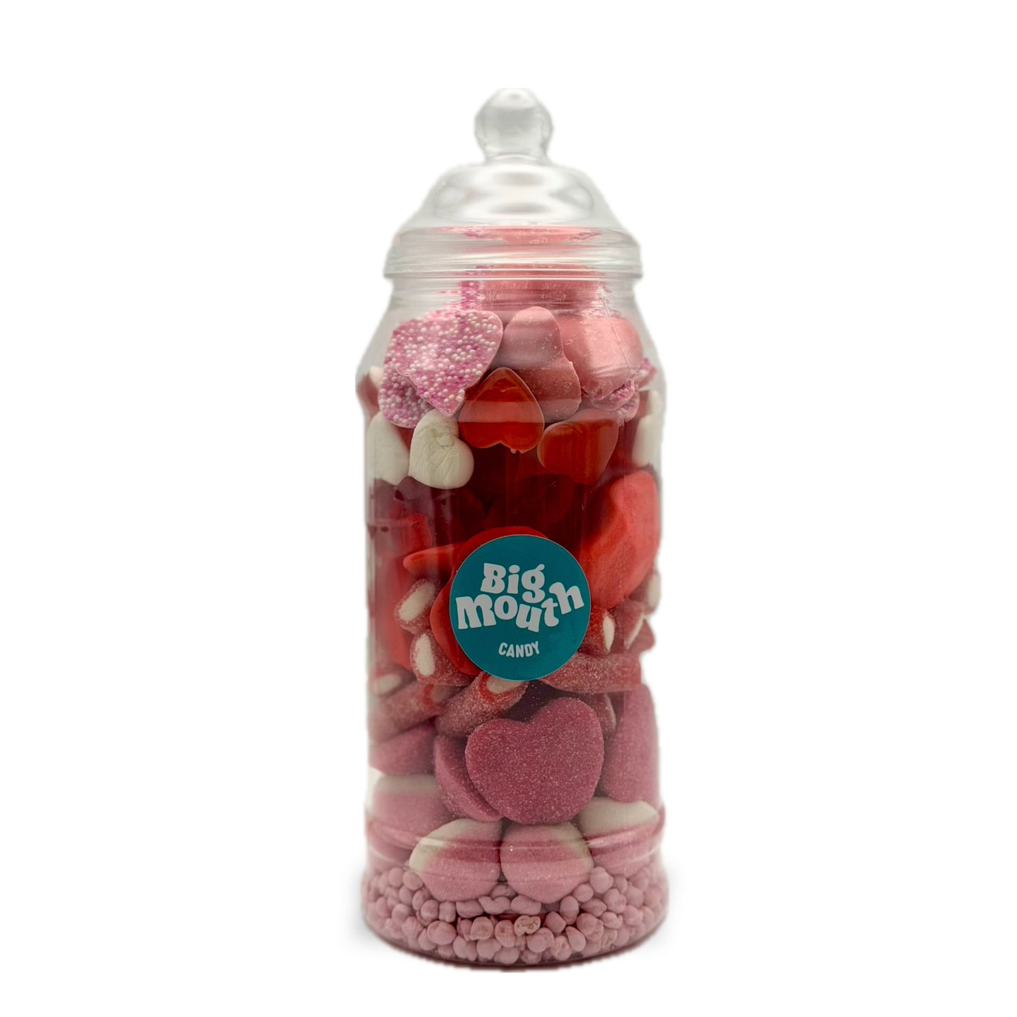 Big Mouth Candy red and pink pick and mix sweets jar filled with strawberry and cherry candy mix
