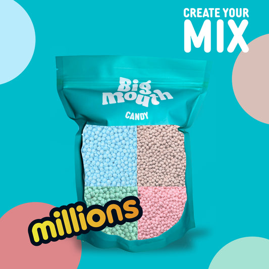 Big Mouth Candy 800g pick and mix Millions bag with four flavour sections – blue, pink, green, and beige chewy sweets. Customisable sweet bag from Northern Ireland.