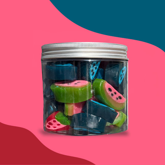 Big Mouth Candy Watermelon and Blueberry Fruit Gummies in a clear plastic jar with silver lid – fun, colourful pick and mix sweets perfect for gifting or snacking.