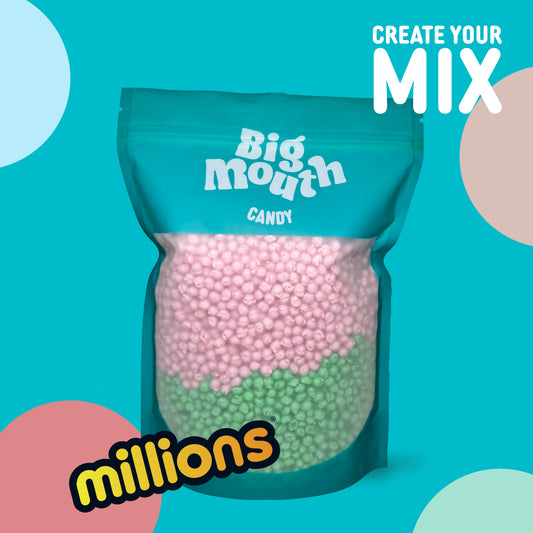 Big Mouth Candy 800g pick and mix Millions bag with four flavour sections – blue, pink, green, and beige chewy sweets. Customisable sweet bag from Northern Ireland.