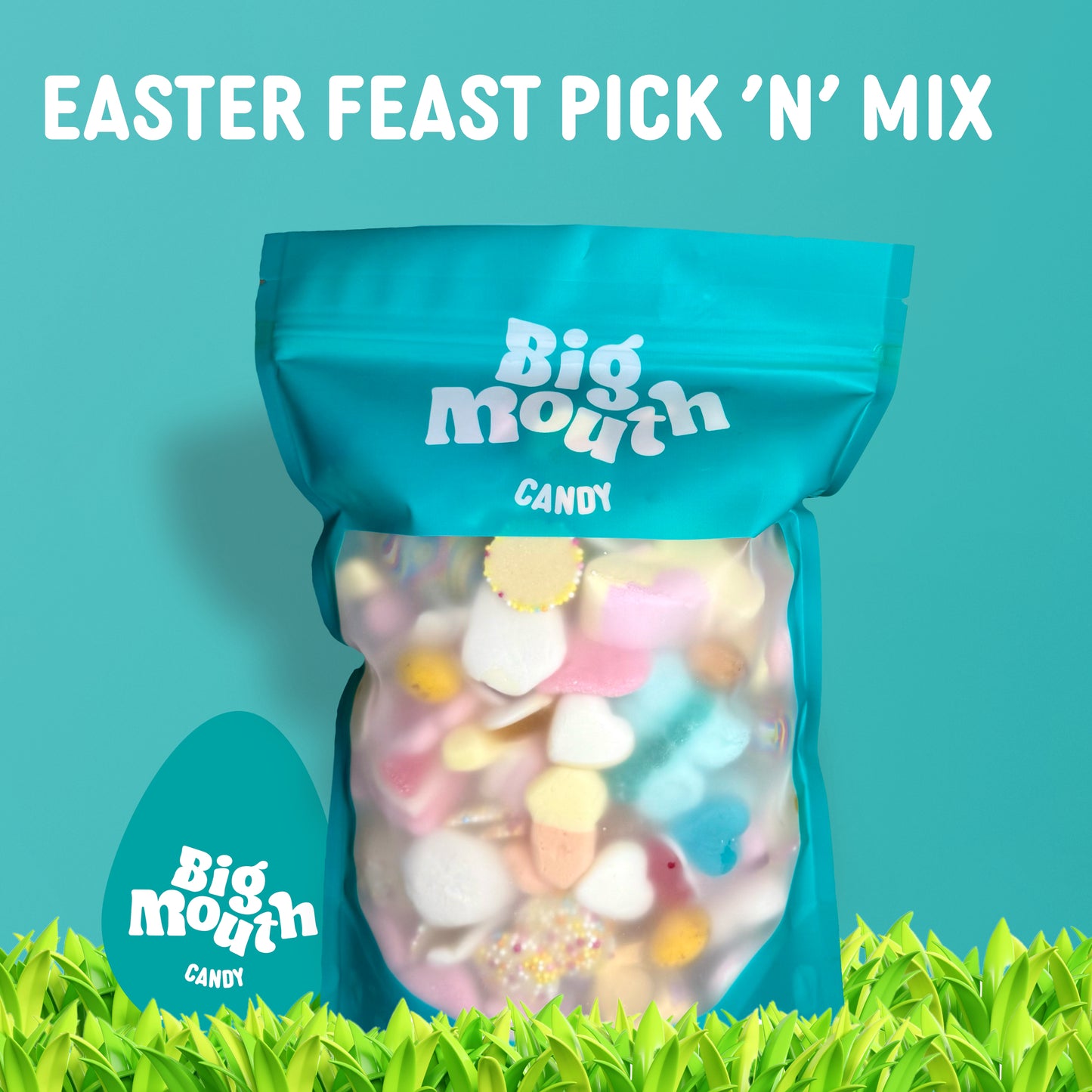 Big Mouth Candy Easter Feast Pick ‘N’ Mix a vibrant turquoise resealable bag filled with 600g of delicious pick and mix sweets, perfect for Easter celebrations. Featuring a mix of UK sweets, including marshmallows, chocolate eggs, and fizzy treats. The resealable bag keeps your sweets fresh for longer. Available for candy delivery across Northern Ireland and the UK. Order your personalised sweet bag online from Big Mouth Candy, based in Royal Hillsborough