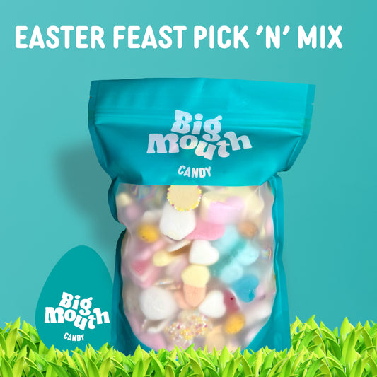 Big Mouth Candy Easter Feast Pick ‘N’ Mix a vibrant turquoise resealable bag filled with 600g of delicious pick and mix sweets, perfect for Easter celebrations. Featuring a mix of UK sweets, including marshmallows, chocolate eggs, and fizzy treats. The resealable bag keeps your sweets fresh for longer. Available for candy delivery across Northern Ireland and the UK. Order your personalised sweet bag online from Big Mouth Candy, based in Royal Hillsborough