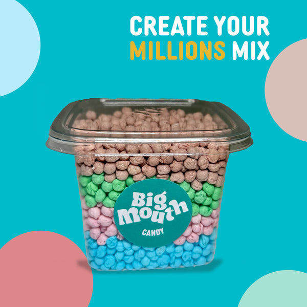Container of colorful candy with 'Big Mouth Candy' logo on a blue background