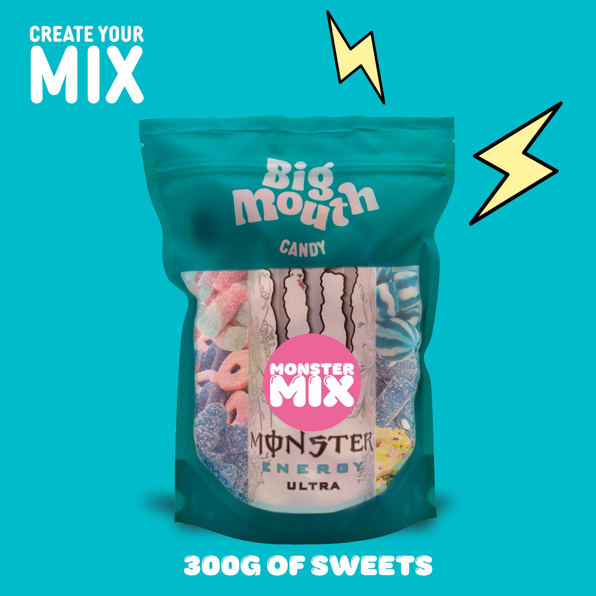 Big Mouth Candy Monster Pick & Mix sweet bag with Monster Energy Ultra can surrounded by colourful pick and mix sweets, 300g