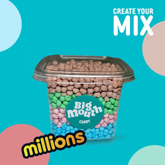 Big Mouth Candy 325g pick and mix Millions tub with lid, four flavour sections – blue, pink, green, and beige chewy sweets. Customisable sweet bag from Northern Ireland.