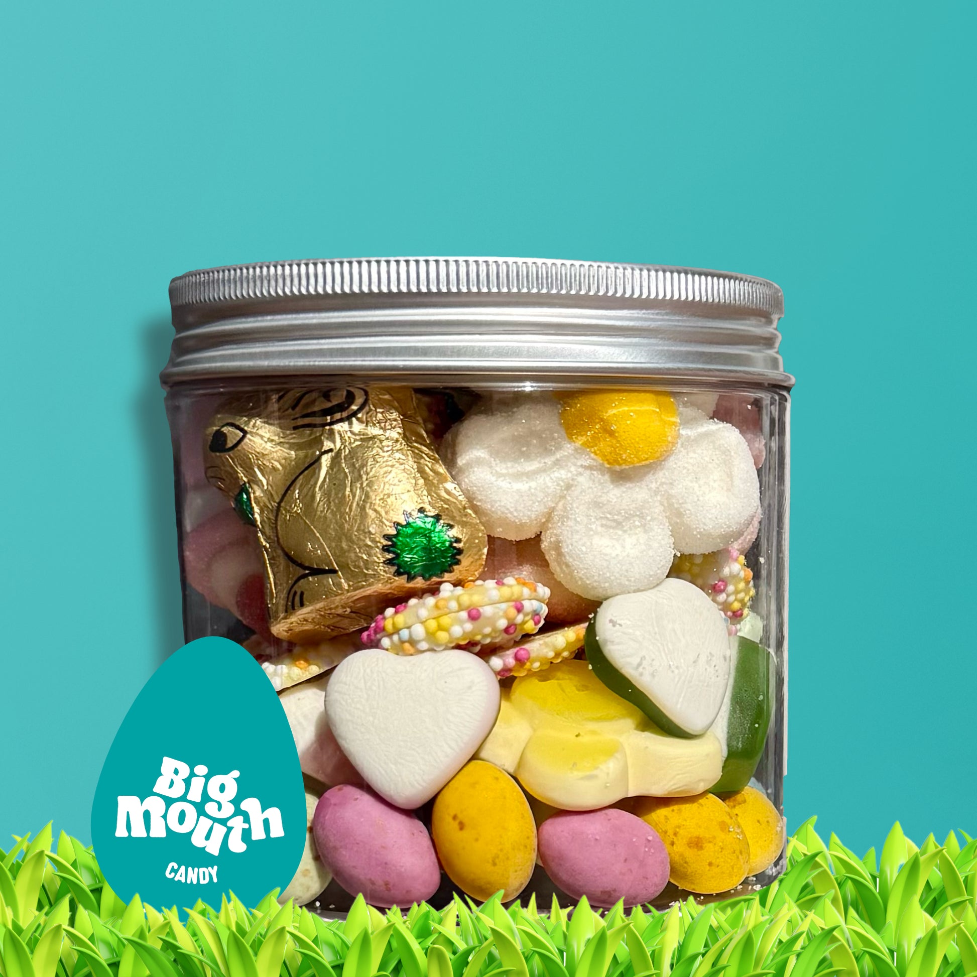 Big Mouth Candy spring sweet jar filled with Easter pick and mix sweets, including chocolate bunny, marshmallow flowers, candy eggs, and heart gummies – perfect Easter gift jar or sweet treat