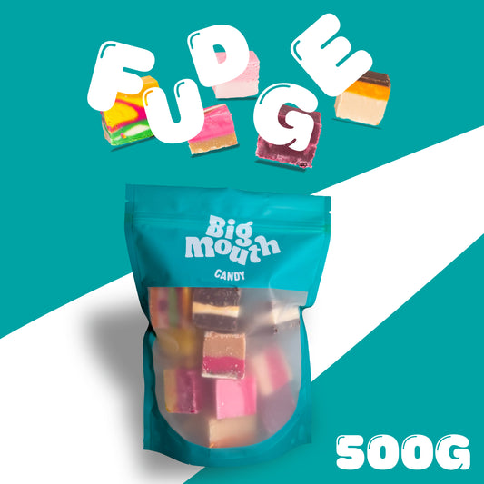 500g fudge candy bag with 12 colourful pieces assorted pick and mix sweets in a resealable, teal Big Mouth Candy pouch with a frosted window. Perfect for sweet boxes, candy delivery, and UK sweets lovers, especially in Northern Ireland