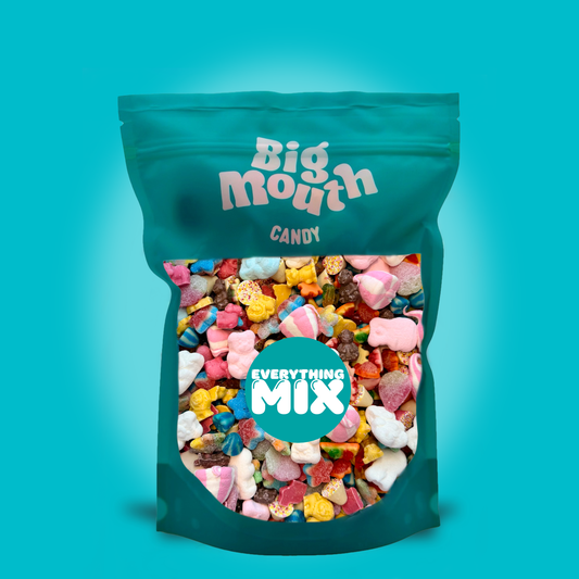 Bag of colorful candy labeled 'Big Mouth Candy' on a teal background
