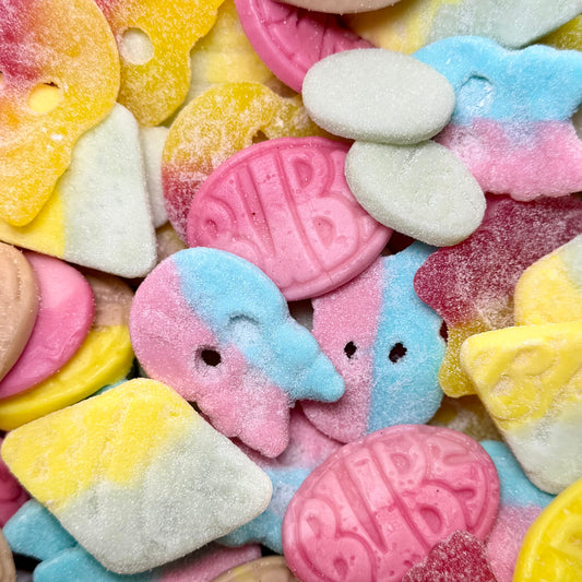 Close up of Big Mouth Candy Bubs Mix sweets including Bubs skulls foam ovals tutti frutti diamonds and banana toffee sweets