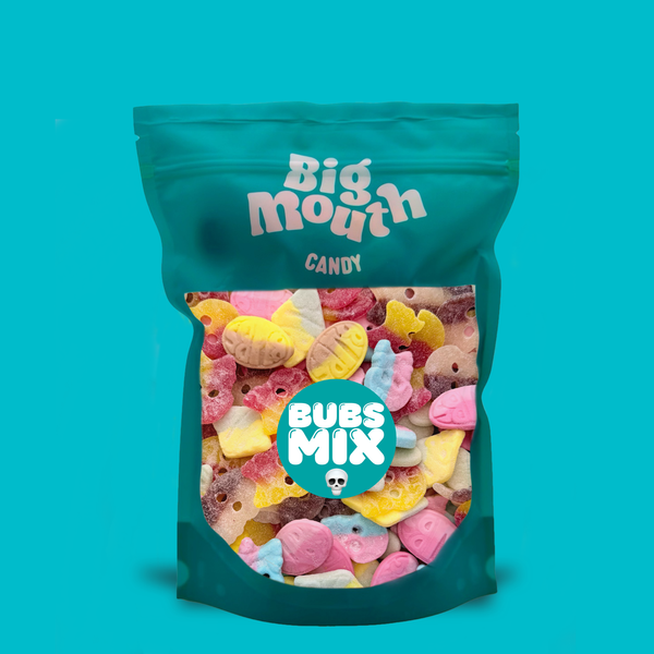 big mouth candy teal bag billed with bubs swedish candy soft sour and foam sugred sweets
