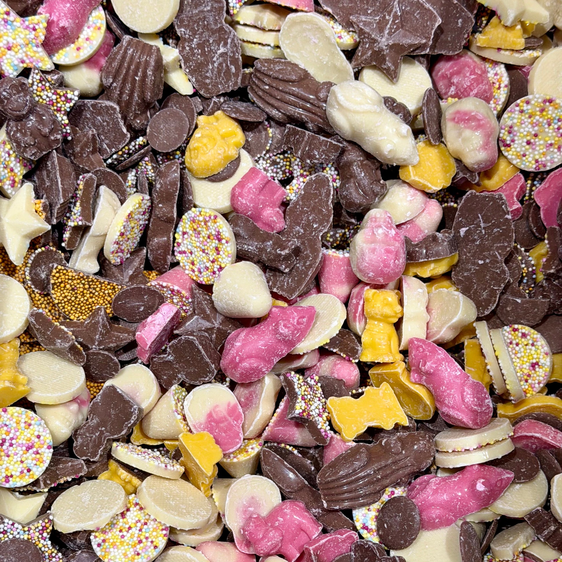 Close up of Big Mouth Candy chocolate pick and mix sweets including white mice, chocolate stars, jazzies, chocolate buttons and chocolate orange slices