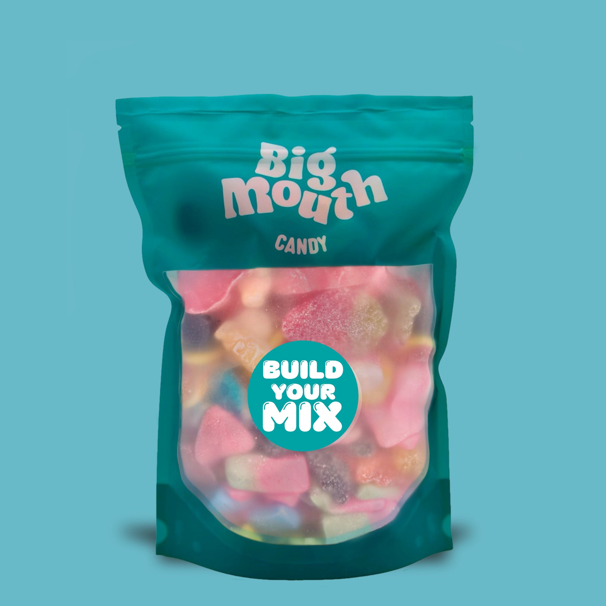 Big Mouth Candy 600g build your own pick and mix sweets bag with colourful jelly and fizzy sweets inside teal resealable pouch