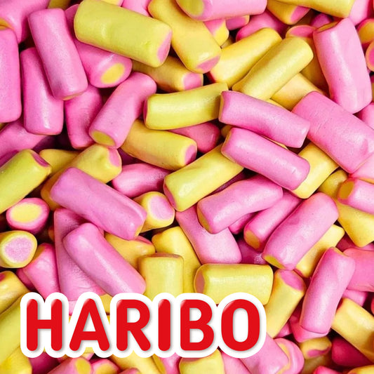 Close up of Haribo Rhubarb and Custard soft pink and yellow chewy sweets
