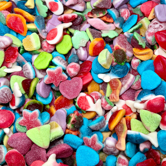 Close up of colourful jelly filled pick and mix sweets from Big Mouth Candy showing a variety of fruity gummy sweets